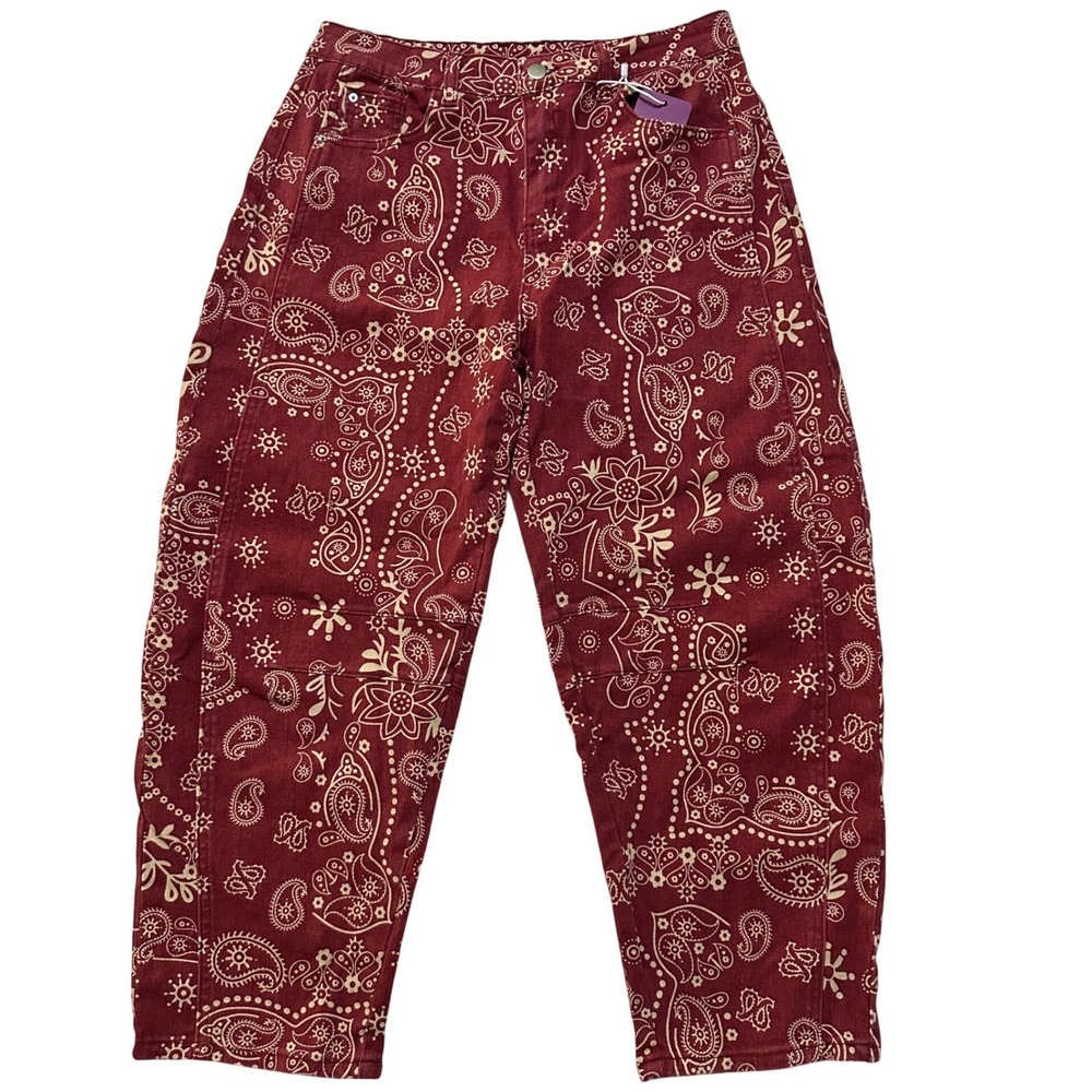 Loveimgs High Rise Barrel Leg Jeans Women L Red Paisley Bandana Print Streetwear